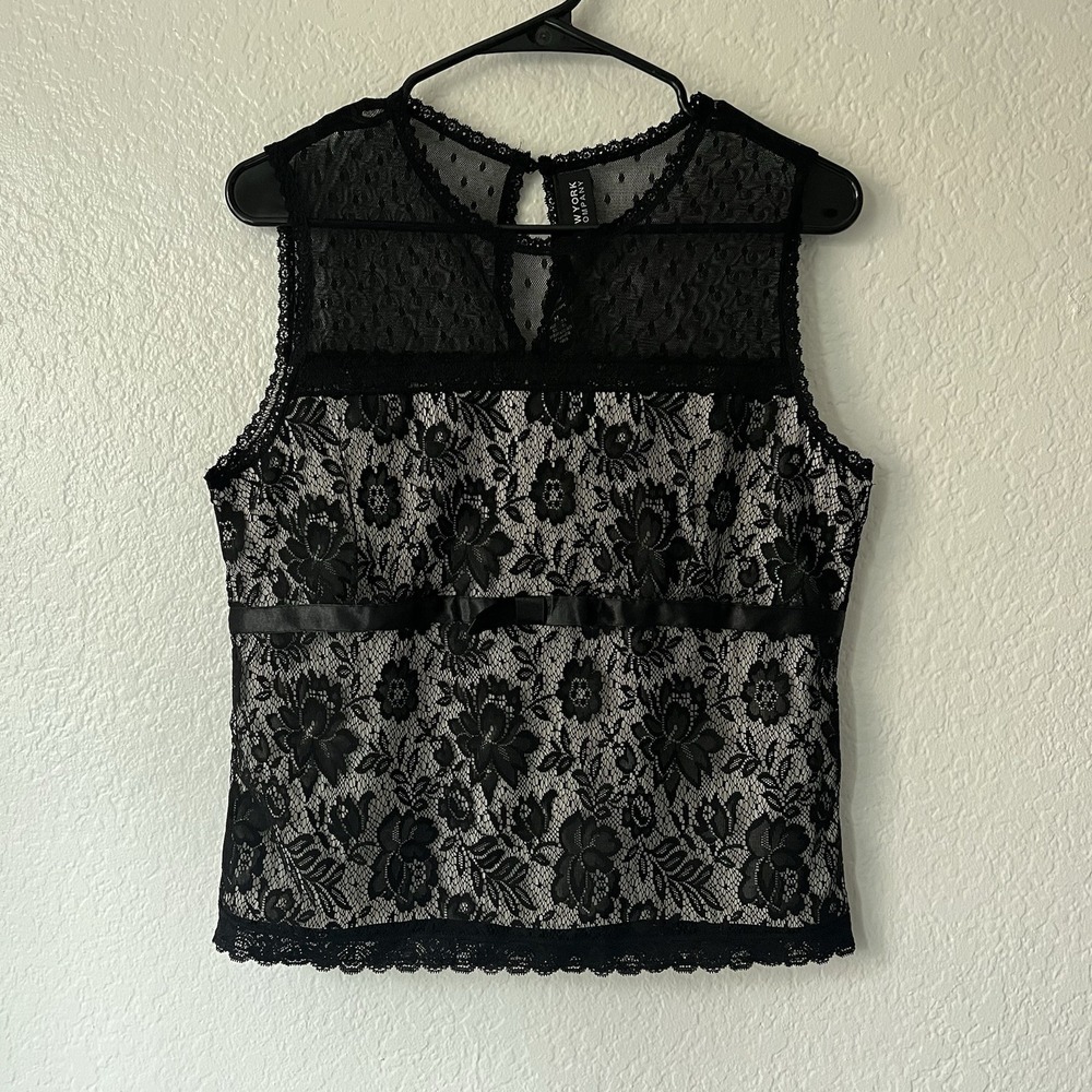 Black Lace Semi Sheer Lined Floral Top Fairy Sleeveless Bow Goth Coquette